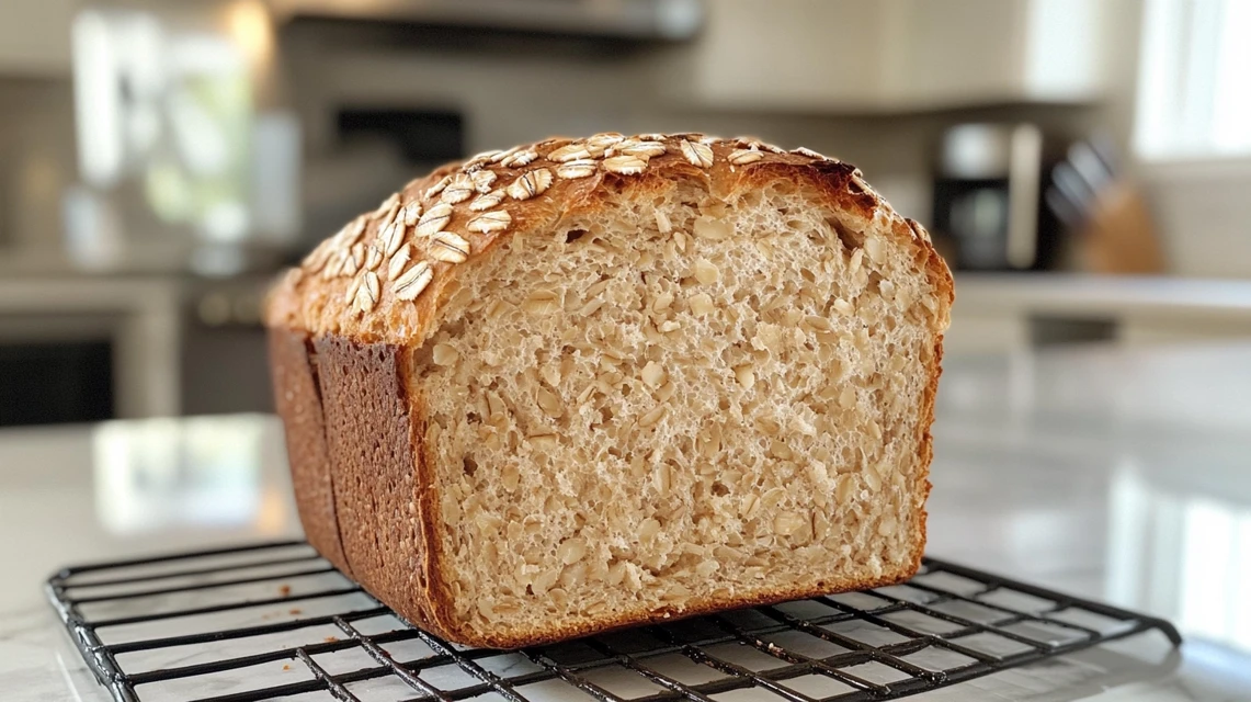 A loaf of freshly baked oatmeal bread sits on a cooling rack.