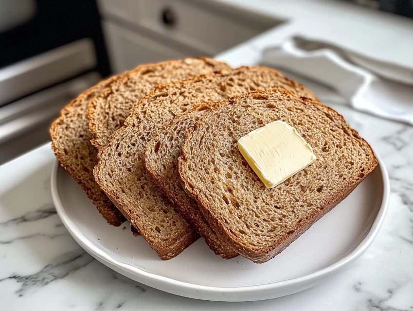 Slices of vegan bread with plant-based butter on white plate.