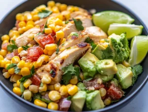 A black bowl filled with grilled chicken, corn, avocado, diced tomatoes, red onion, cilantro, and lime wedges.