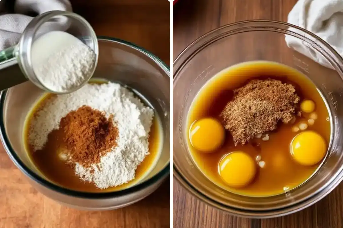 Two glass bowls show the process of combining wet and dry ingredients for baking.