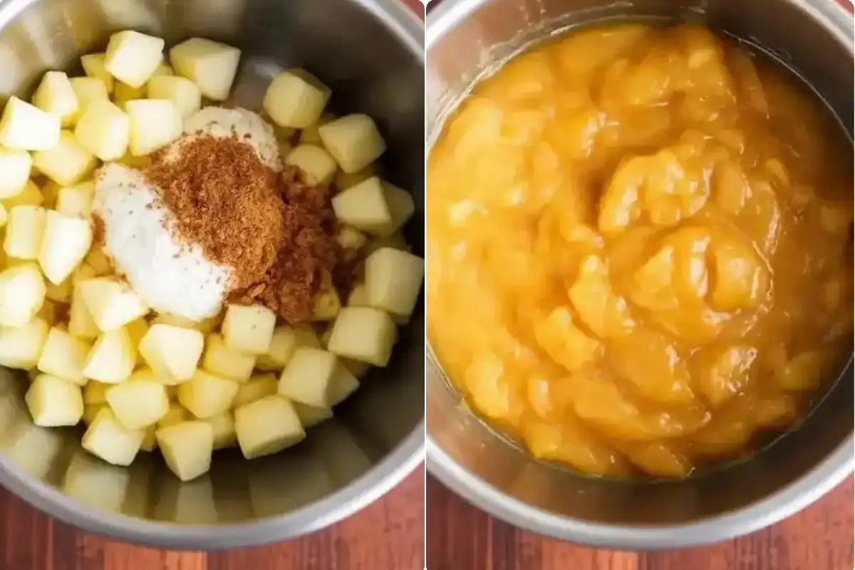 Two images show diced apples with spices before and after cooking into applesauce.