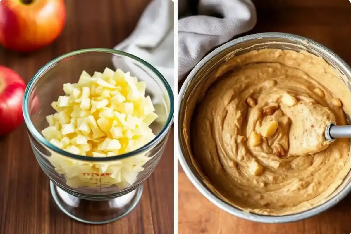 Diced apples are shown next to apple batter.