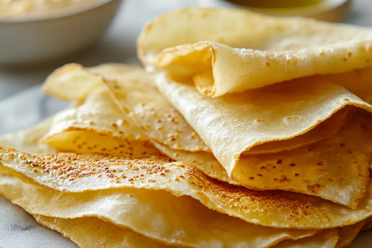 Freshly baked thin lavash bread stacked on a marble surface.