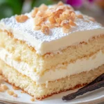 A slice of dairy-free vanilla cake with creamy frosting, dusted with powdered sugar and topped with toffee bits.