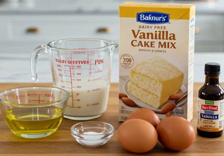 Ingredients for dairy-free vanilla cake mix, including eggs, oil, almond milk, and vanilla extract.