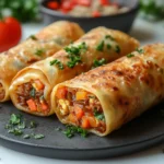 Crispy golden-brown egg rolls stuffed with seasoned meat and vegetables, garnished with fresh herbs and served on a black plate.