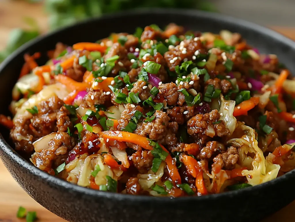 Can You Eat Egg Rolls on a Keto Diet? A black bowl filled with egg roll in a bowl—a keto-friendly dish made of ground meat, sautéed cabbage, carrots, and a savory sauce, garnished with sesame seeds.