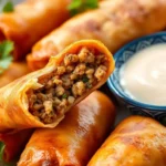 Crispy cheeseburger egg roll recipe appetizer with sauce
