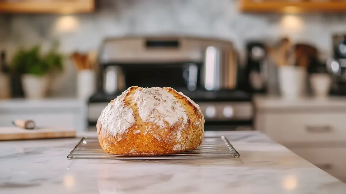 A round loaf of freshly baked bread sits on a wire rack on a marble countertop.