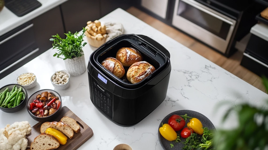A black air fryer sits on a marble countertop with three freshly baked rolls inside.