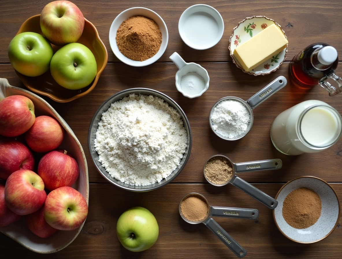 Fresh apples, flour, cinnamon, sugar, butter, and other ingredients arranged on a wooden table for baking a vegan upside-down apple cake.