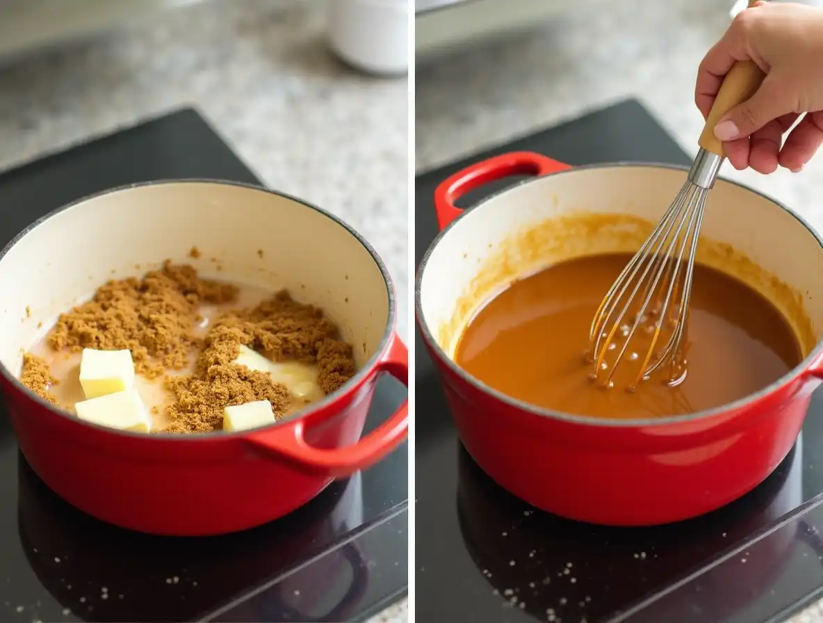 Caramel sauce being made in a red pot, with brown sugar and butter melting into a smooth, golden syrup.
