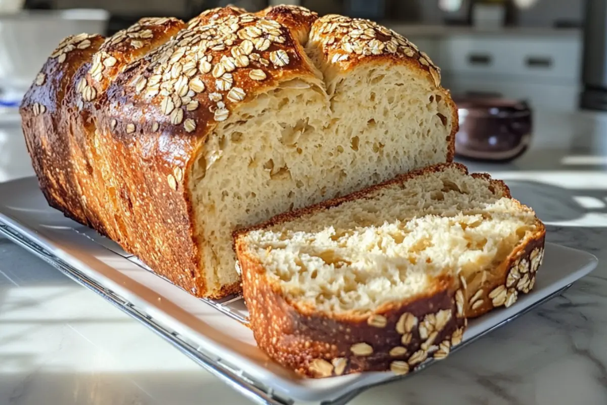 A loaf of freshly baked oatmeal bread sits on a wire rack with one slice cut off.