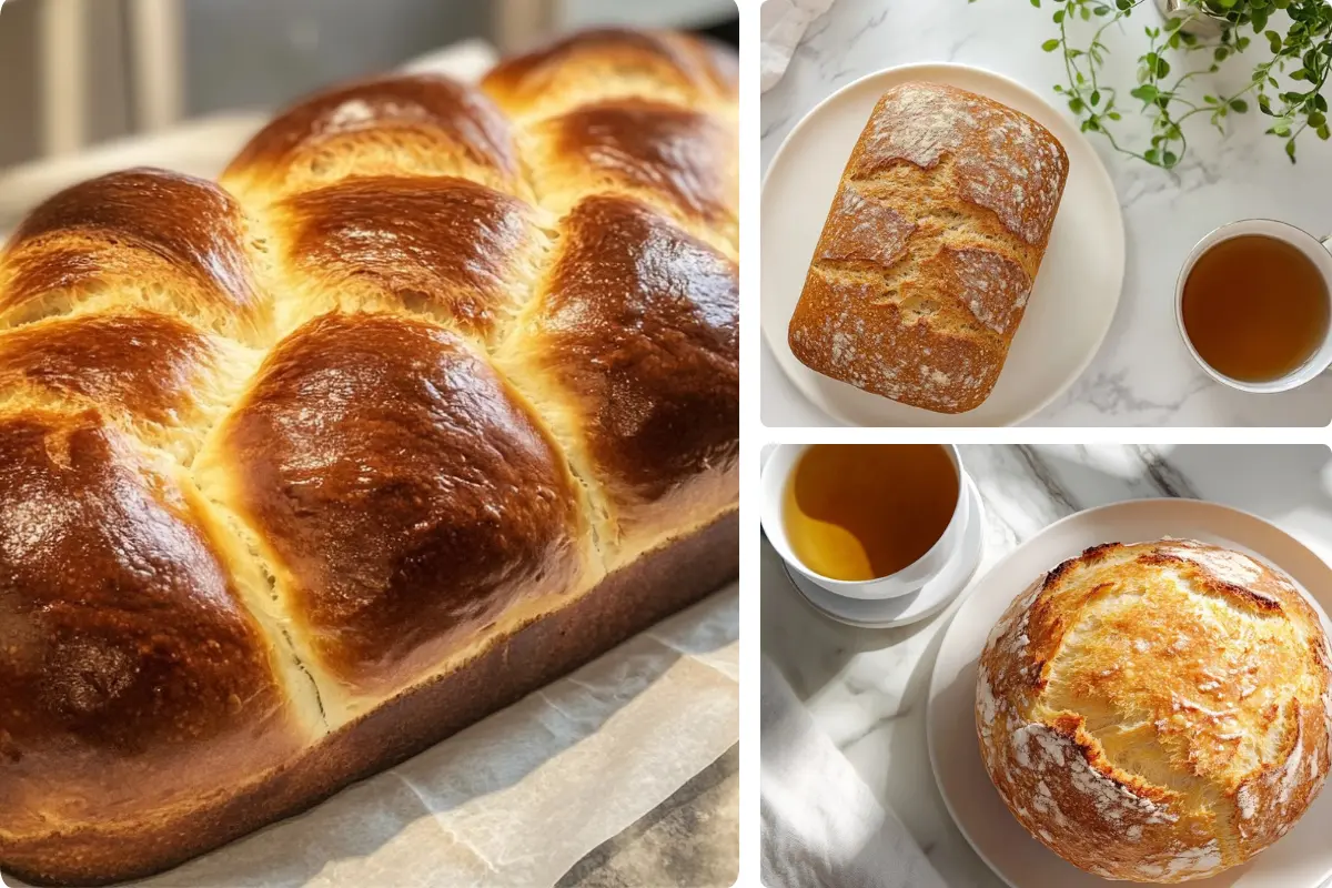 easy vegan bread recipe: A warm kitchen scene with a loaf of freshly baked vegan bread on a table, with a cup of tea beside it.