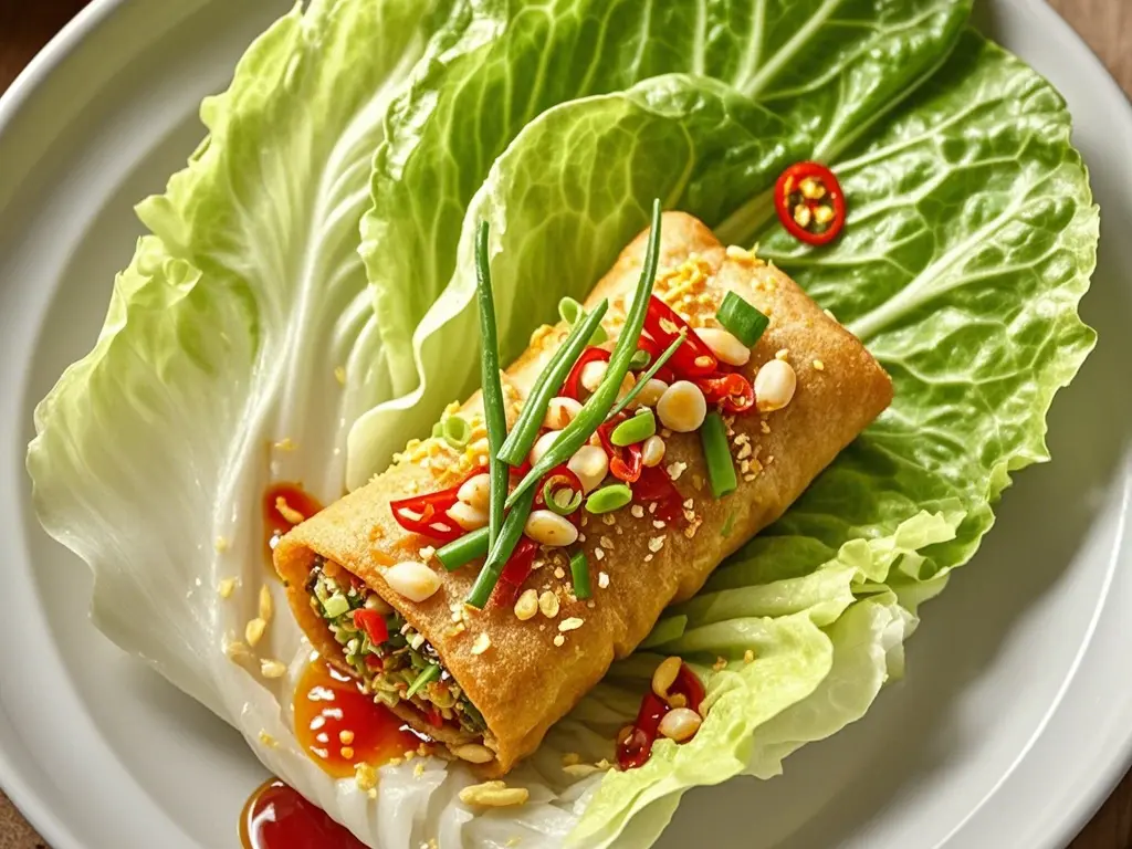 Crispy spring roll filled with vegetables and topped with chopped scallions, chili peppers, peanuts, and a flavorful sauce, served on a bed of lettuce.