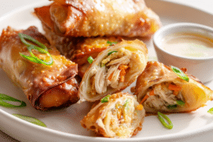 Homemade vegetable egg rolls served with dipping sauce