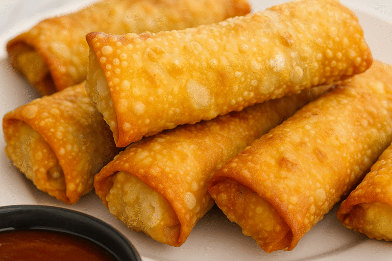 Homemade vegetable egg rolls served with dipping sauce