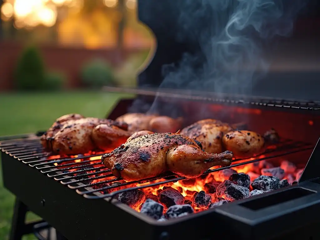 Several seasoned chickens roast on a charcoal grill outdoors.