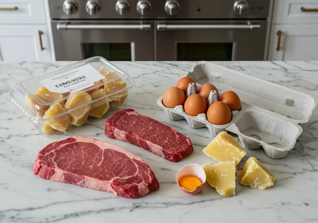 carnivore diet breakfast: Uncooked ingredients for a carnivore diet breakfast: raw steaks, fresh eggs, and parmesan cheese on a marble countertop.
