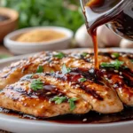 Grilled teriyaki chicken breast with a glossy sauce drizzle and sesame seeds.