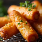 Golden fried egg rolls in a skillet with vegetable oil
