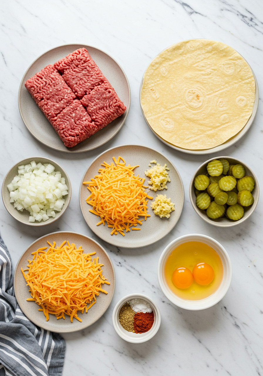 cheeseburger egg roll recipe: Flat lay of cheeseburger egg roll ingredients including ground beef, shredded cheddar, pickles, garlic, eggs, tortillas, spices, and chopped onions.