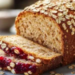 A loaf of oatmeal bread is partially sliced with raspberry jam spread on two pieces.