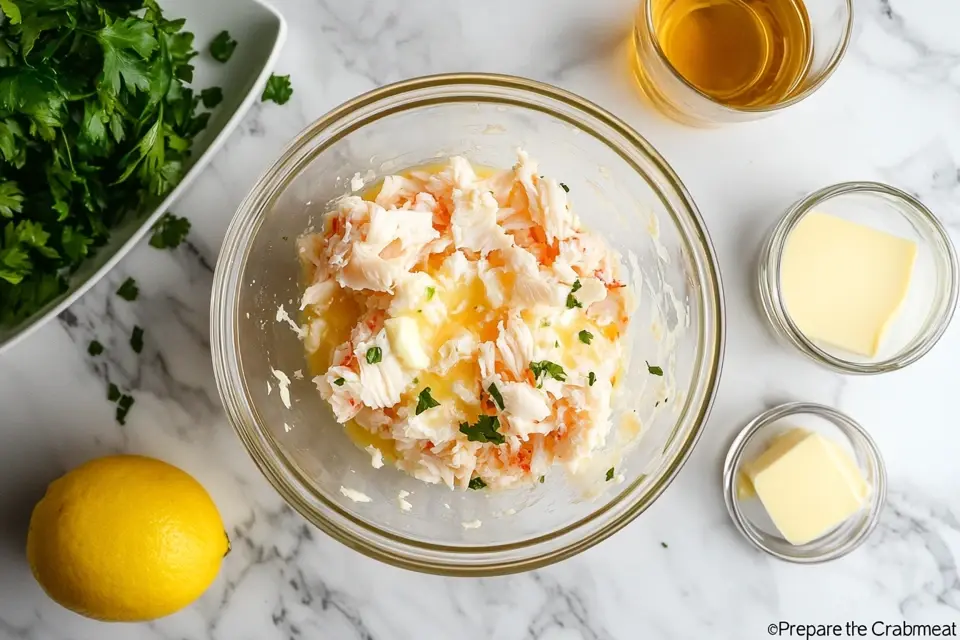 crab brulee recipe: Mixing crab meat with fresh herbs, lemon juice, and butter in a glass bowl.