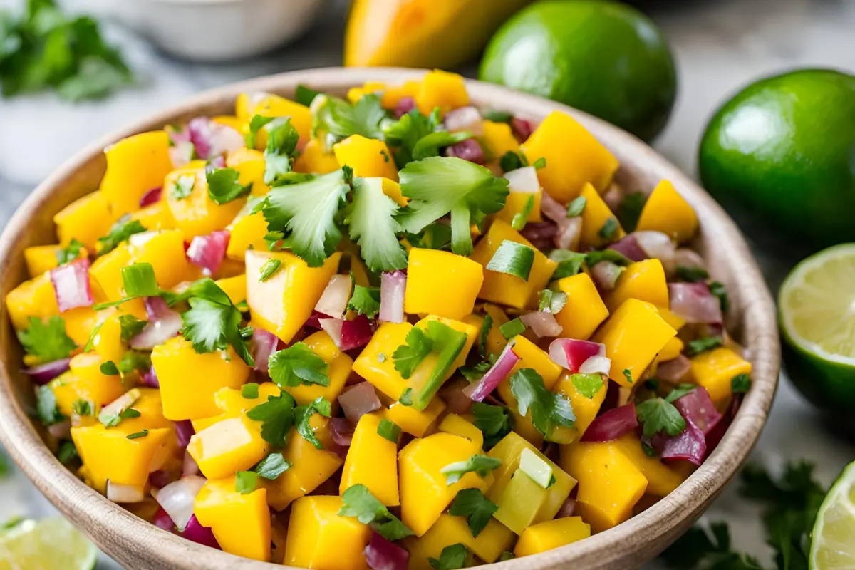 Bowl of fresh mango salsa mixed with red onion, cilantro, and lime.