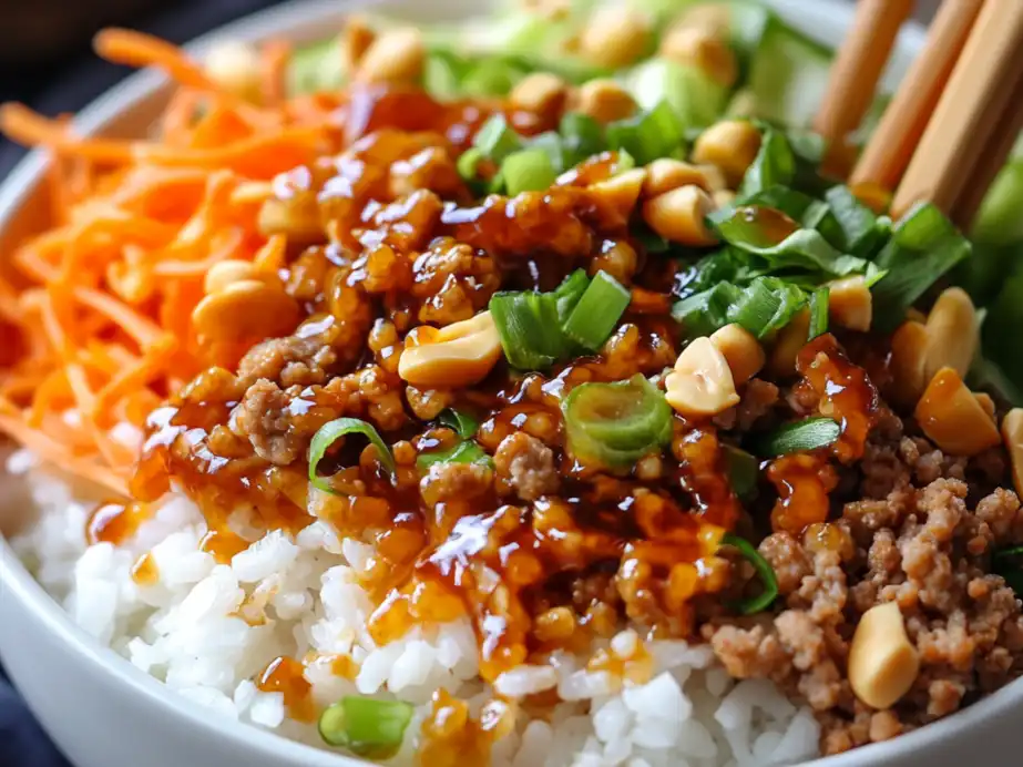 A close-up image features a rice bowl topped with cooked ground meat, shredded carrots, chopped green onions, peanuts, and a glossy sauce.
