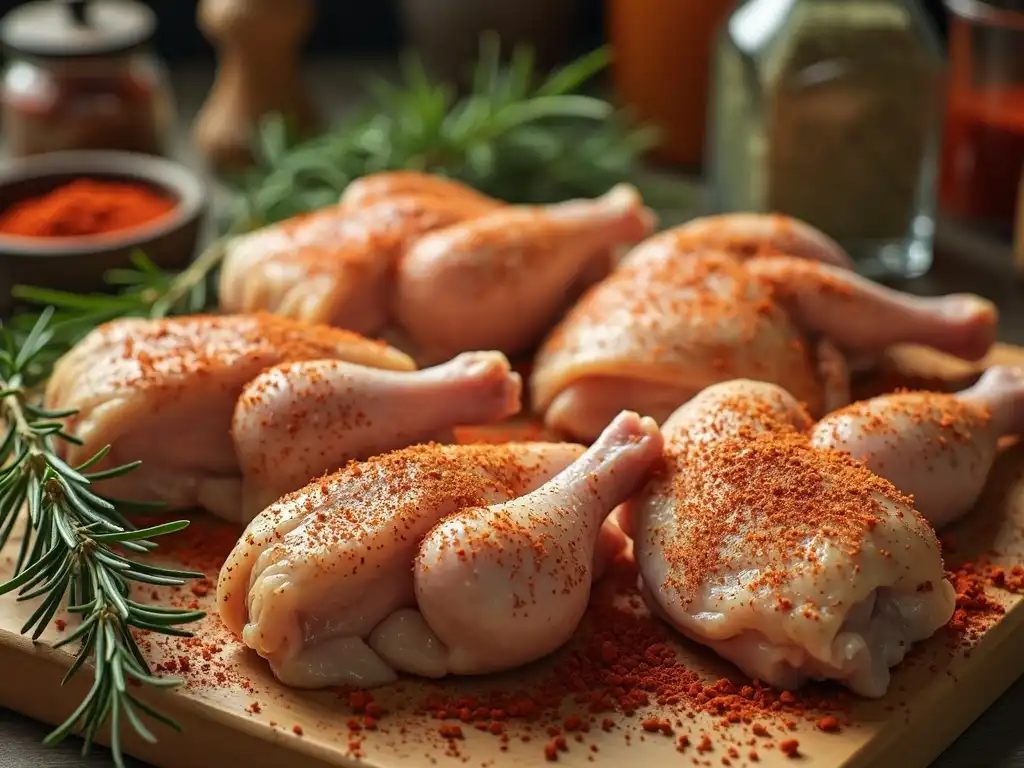 Raw Cornish hens seasoned with spices are on a cutting board.