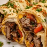 Crispy philly cheesesteak egg rolls on a plate