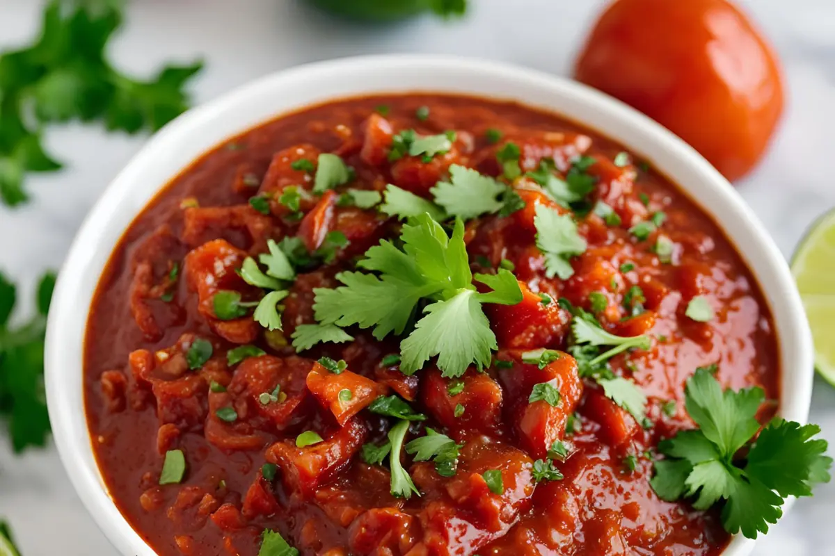 Close-up of a homemade tomato salsa garnished with fresh cilantro leaves in a white bowl.