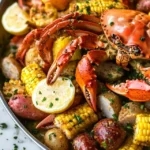 A seafood boil featuring a whole cooked crab, corn on the cob, potatoes, sausage, and lemon slices garnished with fresh herbs.