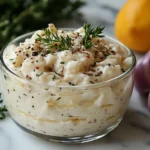 A glass bowl of creamy Tartar Sauce, is topped with fresh herbs and black pepper.