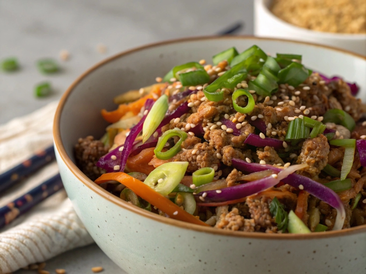 What is egg roll filling made of: Traditional egg roll filling with beef and cabbage in a skillet