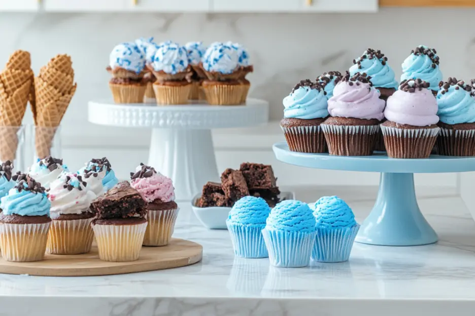 An assortment of colorful cupcakes and brownies displayed on cake stands and a wooden board.