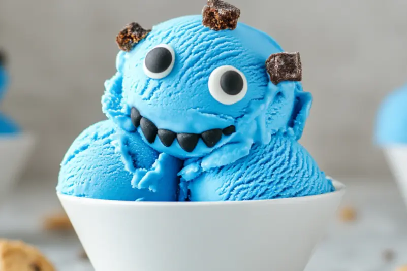 Scoops of blue ice cream decorated to look like a friendly monster face.