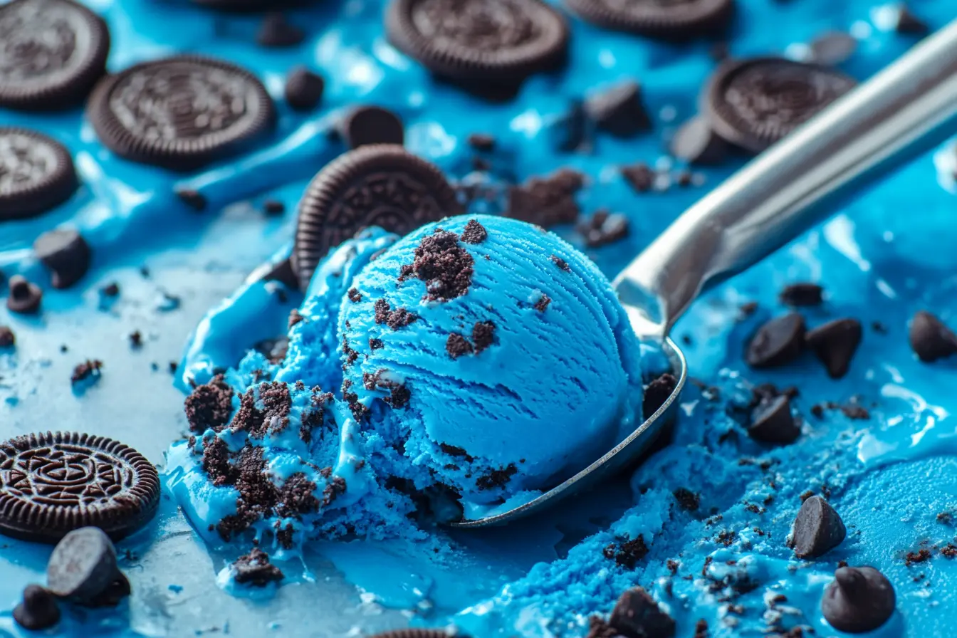 A scoop of bright blue ice cream topped with chocolate cookie crumbs sits in a metal ice cream scoop.