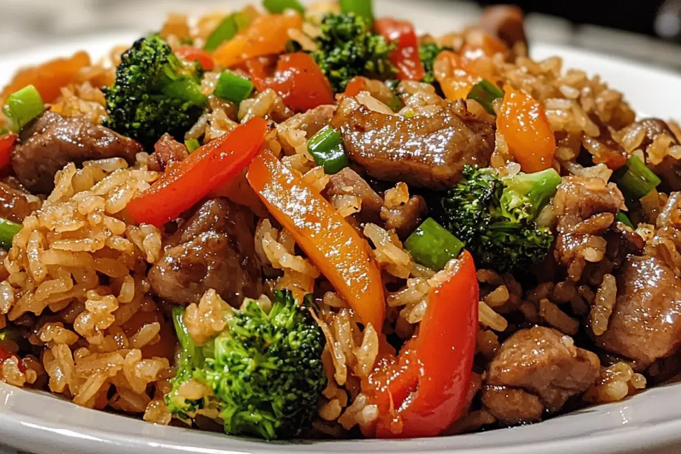 Beef and rice stir-fry with broccoli and bell peppers on a plate.