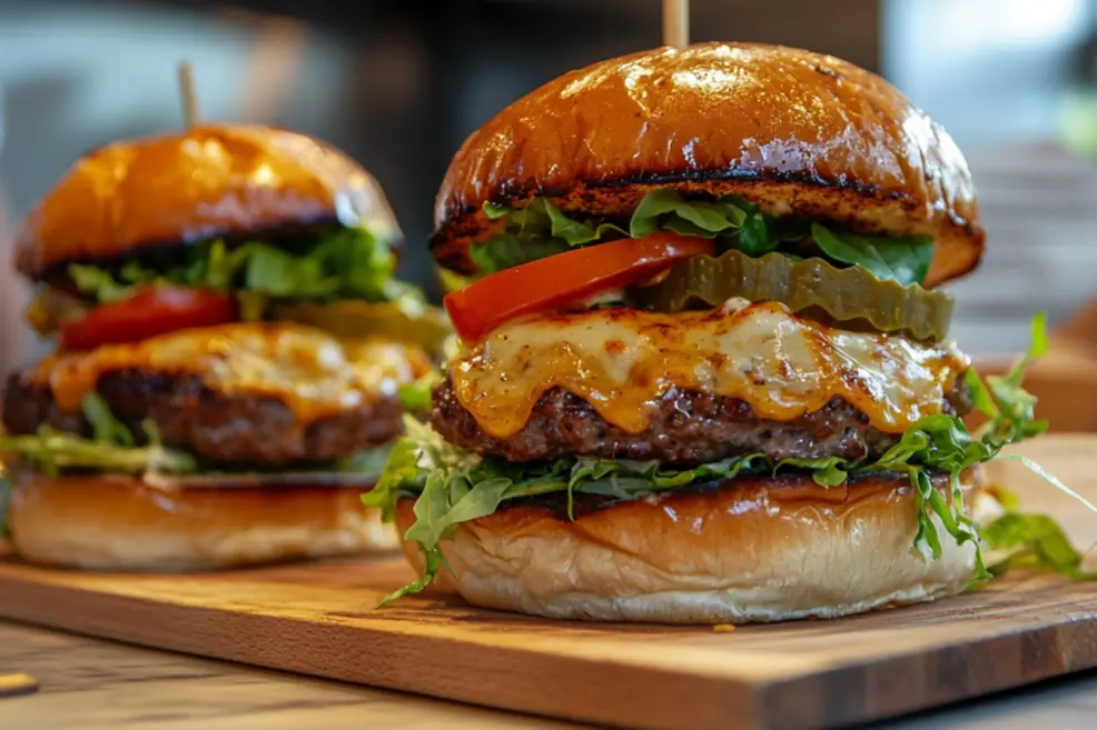 Two delicious cheeseburgers sit on a wooden serving board.