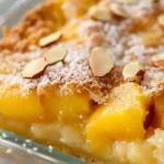 A close-up of homemade peach cobbler with golden crust, juicy peach filling, shredded coconut, and sliced almonds on top.