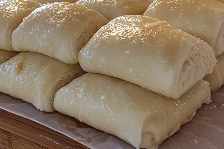 Unbaked crescent rolls neatly stacked on parchment paper, ready for freezing.