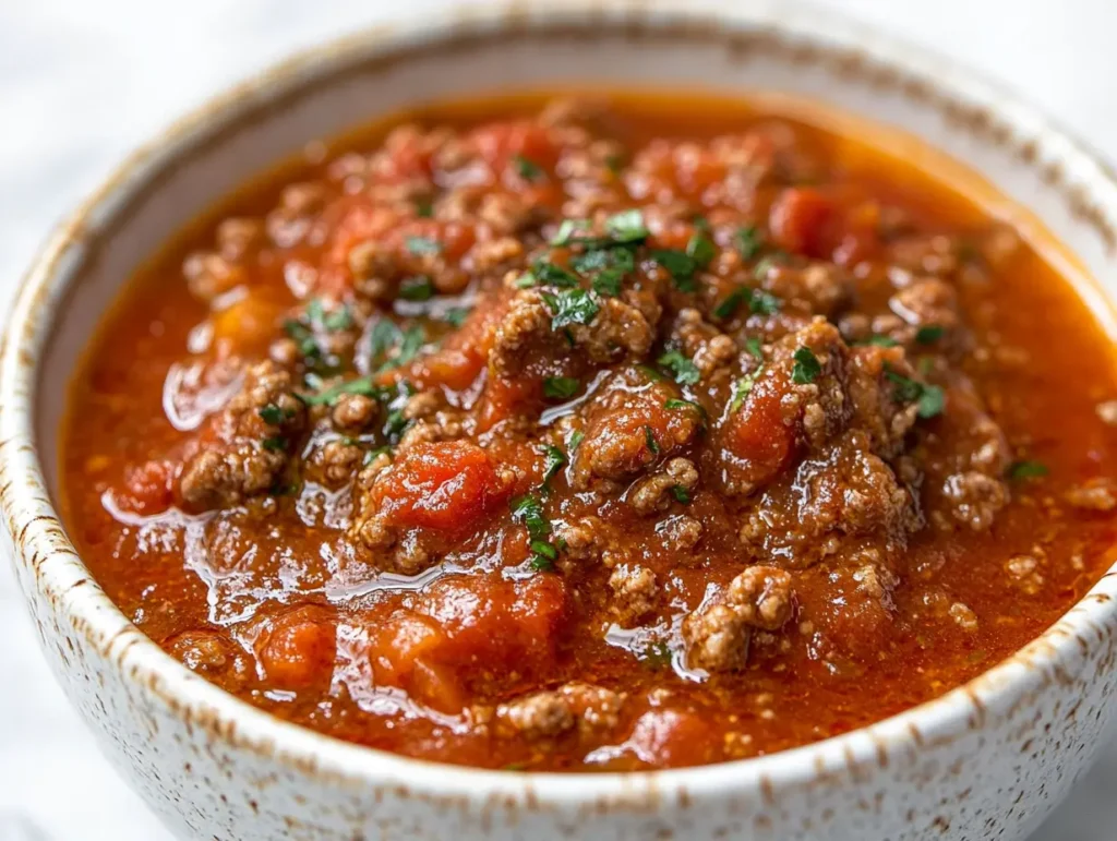 A bowl of rich, hearty meat sauce with tomatoes and ground beef, garnished with fresh herbs.