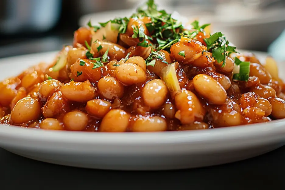 What are the ingredients of baked beans? Freshly baked and serve in a plate