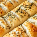 Freshly baked crusty italian bread on a wooden board, showing the golden crust.