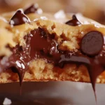 Close-up of a gooey chocolate chip cookie with melted chocolate dripping from the center.