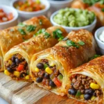 Crispy Taco Egg Roll on a serving wooden plate