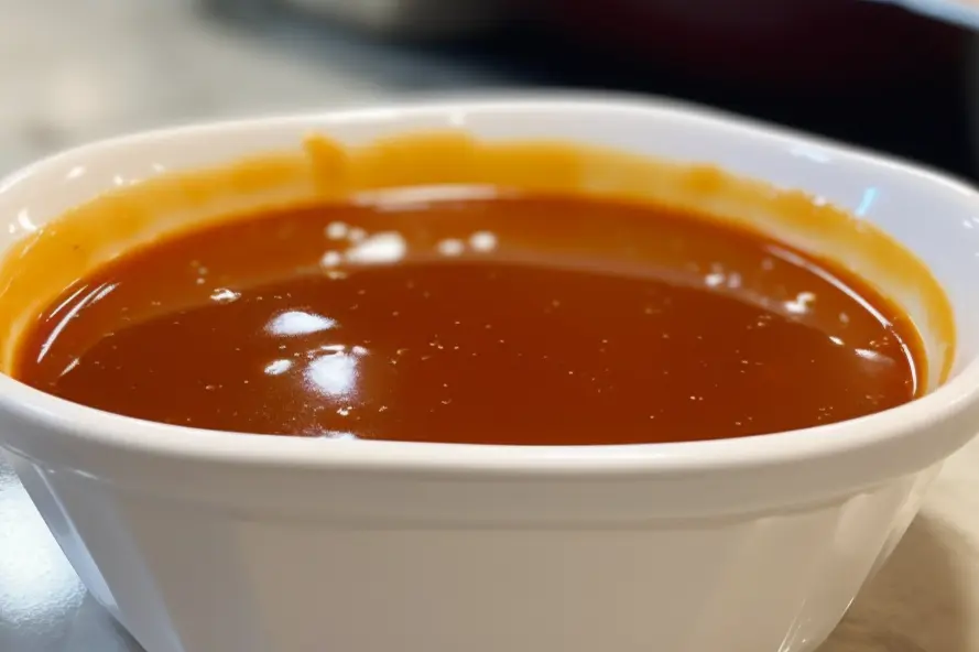 A white bowl is filled with a vibrant, orange-red sauce.