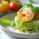 Plate of green spaghetti topped with grilled shrimp, fresh basil leaves, and grated cheese, garnished with cherry tomatoes and bell peppers in the background.
